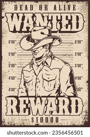 Wanted man vintage sticker monochrome with guy in cowboy hat and bounty offer on criminal head vector illustration