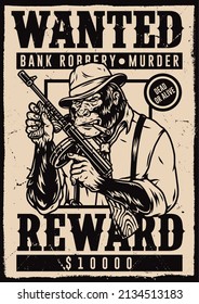 Wanted Monochrome Vintage Poster With Smoking Gangster Gorilla In Trilby Hat And Shirt Holding Machine Gun, Vector Illustration