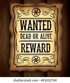 Wanted paper poster icon. Search and western theme. Vintage and retro design. Wood background. Vector illustration