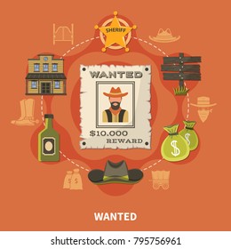 Wanted person, bearded cowboy, round composition with sheriffs badge, money bags, alcohol on terracotta background vector illustration