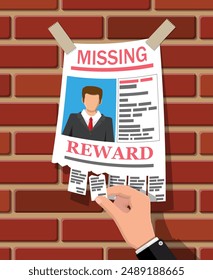 Wanted person paper poster. Missing announce. Information tear off papers. Search for lost person in big city. Vector illustration in flat style