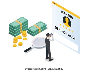 Wanted person vector concept. Young man looking at poster wanted people while standing with pile of money