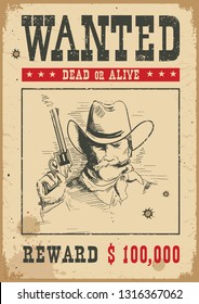 Wanted Poster Background. Vector Western Illustration With Bandit Man And Gun