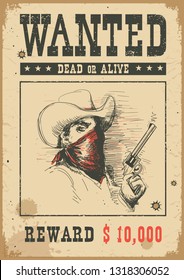 Wanted poster background. Vector western illustration with bandit man in mask holding a gun