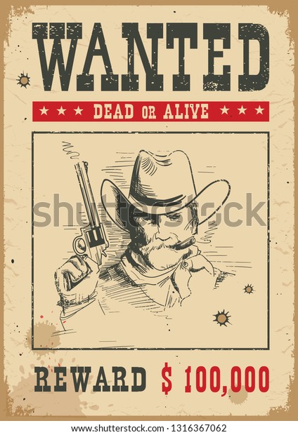 Wanted poster background. Vector western illustration\
with bandit man and gun