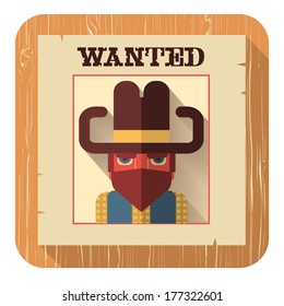 Wanted poster with bandit face.Vector icon of flat design style illustration