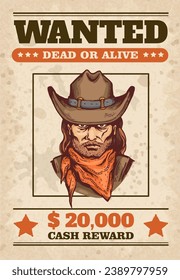 Wanted poster with cowboy portrait and text on textured background. Vintage western flyer with criminal and cash reward. Vector illustration design for party, event, banner.