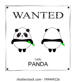 Wanted Poster Cute Little Panda Bear front and back view. Funny card. Vector illustration flat design
