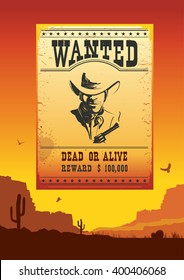 Wanted poster on Wild west american desert sunset landscape