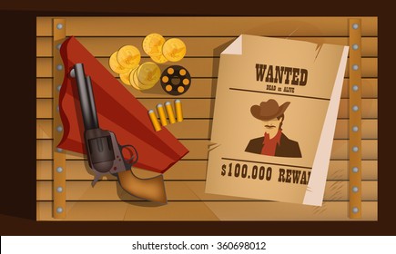 Wanted poster on wood wall, vector illustration
Wild West Cowboys