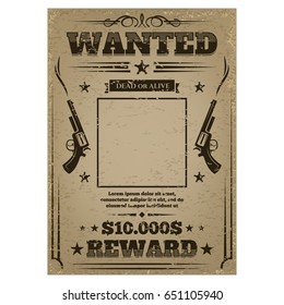 Wanted Poster With Rough Texture, Template For Work Or Play, Western Gangster And Criminal Notice Paper With Empty Frame. Vector Illustration On White Background