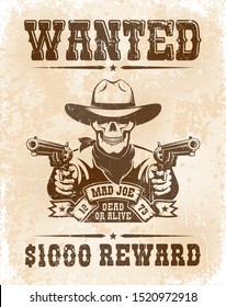 Wanted poster with skull cowboy with guns - retro grunge worn style. Vintage skull bandit with revolvers and ribbon. vector illustration. Texture on separate layer.