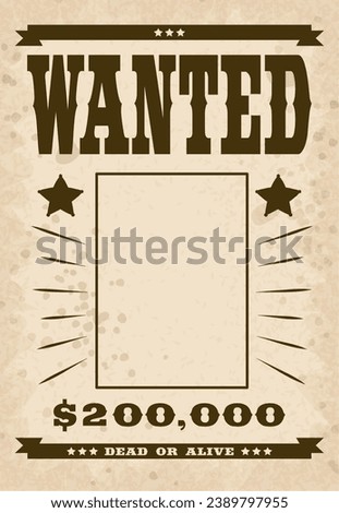 Wanted poster template with blank framed space and reward. Vintage wild west flyer mockup on dirty paper background. Vector illustration design for party, event, banner.
