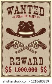 Wanted poster template. Cowboy hat and revolvers on grunge background. Design element for poster, card, banner, flyer. Vector illustration