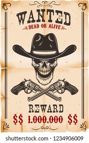 Wanted poster template. Cowboy skull with crossed revolvers. Design element for poster, card, label, sign, card, banner. Vector illustration