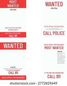Wanted Poster Template Set Red Minimal Most Wanted Flyer Design with Photo Placeholder Police Notice Vector