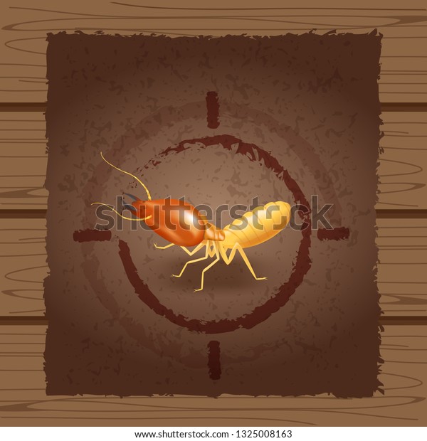 wanted poster of termites on wooden brown wall,\
empty termite ad on wood vintage wall, termite image at wood\
texture for banner advertising retro style, illustration termites\
cartoon (vector)