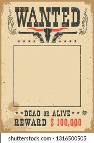 Wanted Poster With Wild West Decoration For Portrait .Western Vintage Paper For Cowboy Party