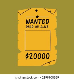 Wanted poster . Wild west outlaw gangster. Western reward flyer. Vector illustration. Old wanted placard poster template, with inscription, money cash reward as in western movies