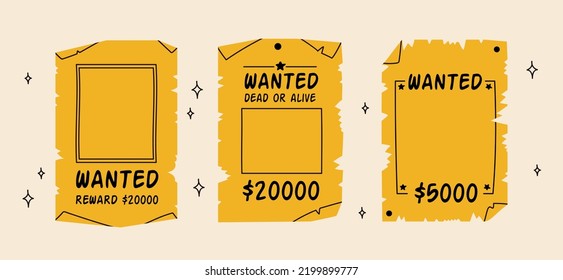 Wanted Posters . Wild West Outlaw Gangster. Western Reward Flyer. Vector Illustration. Old Wanted Placard Poster Template, With Inscription, Money Cash Reward As In Western Movies