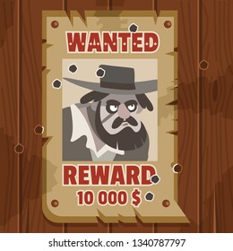 Wanted for reward poster. Portrait of cowboy robber. Western poster on old parchment on an old wooden fence. Vector cartoon flat illustration.