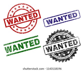 WANTED seal prints with corroded texture. Black, green,red,blue vector rubber prints of WANTED tag with corroded texture. Rubber seals with round, rectangle, medal shapes.