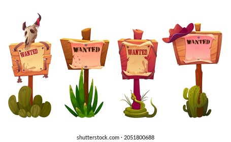 Wanted signs or banners, wild west announcement on parchment hang on wooden board with cowboy hat, animal skull, snake and cacti on wood poles. Western billboard for criminal search Cartoon vector set - Shutterstock ID 2051800688