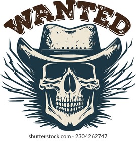 wanted skull t-shirt design illustration