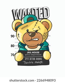 wanted slogan with cartoon bear criminal holding mugshot sign vector illustration