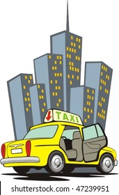 wanted taxi with open back door on background of the buildings