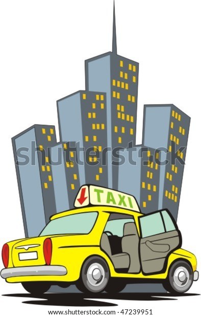 wanted taxi with open back door on background\
of the buildings