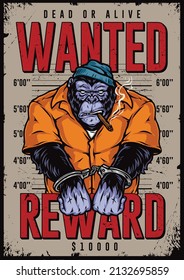 Wanted vintage colorful poster with smoking handcuffed gorilla prisoner in cap and orange jumpsuit against wall with measurements, vector illustration