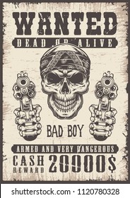 Wanted vintage poster with skull. Vector illustration