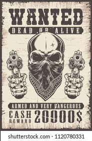 Wanted vintage poster with skull. Vector illustration