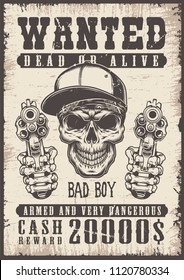 Wanted vintage poster with skull. Vector illustration