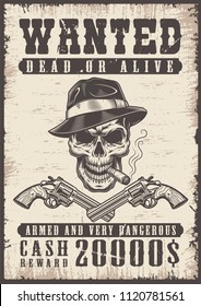 Wanted vintage poster with skull. Vector illustration
