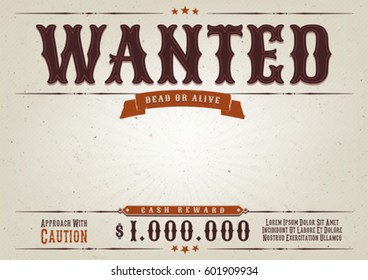 Wanted Western Movie Poster/
Illustration of a vintage old elegant wanted placard poster template, with dead or alive mention, one million cash reward and grunge texture