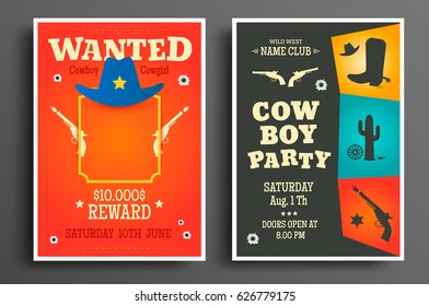 Wanted Western Poster And Cowboy Party Flyer Or Invitation Template. Vector Illustration
