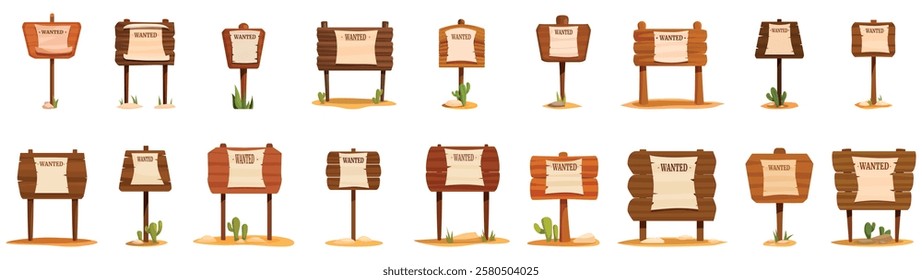  Wanted western sign icons set. Set of various wooden wanted posters in a wild west desert setting, creating a classic western scene