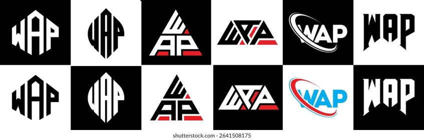 WAP letter logo design in six style. WAP polygon, circle, triangle, hexagon, flat and simple style with black and white color variation letter logo set in one artboard. WAP minimalist and classic logo