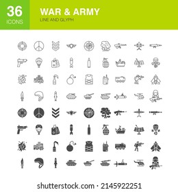 Web-Symbole der War Army Line. Vektorgrafik militärischer Linien und flacher Symbole. 