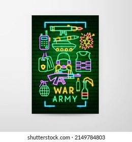 War Army Neon Flyer. Vector Illustration of Military Promotion.