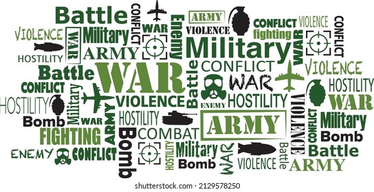 vector de diseño de etiqueta de palabra clave de nube relacionada con el ejército de guerra