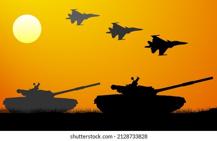 War attack. Tanks and fighter aircrafts, silhouette. Vector illustration