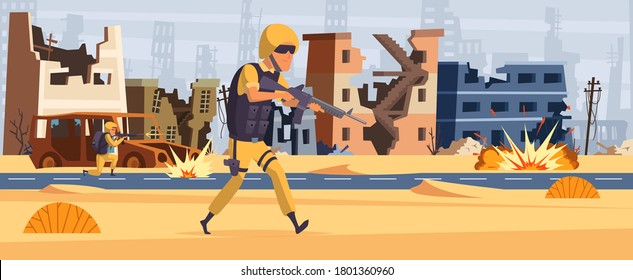 War background. Soldiers with machine guns, explosions in city. Military action, aggression and destruction vector illustration