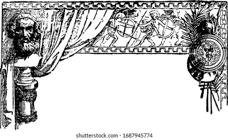 War Banner showing ancient Greek battles, vintage line drawing or engraving illustration.