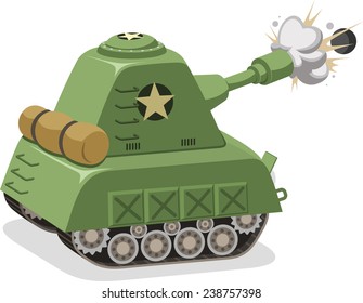 War battle Tank shooting projectile side view, vector illustration cartoon. 