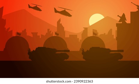 Campo de batalla de guerra en la ilustración de los vectores del paisaje de la ciudad. Ilustración del conflicto bélico en la base militar con tanque y helicóptero. Paisaje urbano destruido para ilustración, fondo o fondo