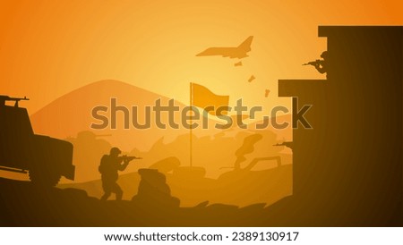 War battlefield vector illustration. Illustration of soldier and military vehicle at war conflict. Battleground landscape for illustration, background or wallpaper. Landscape of conflict or warfare