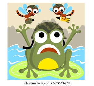 War between frog and dragonfly, frog wearing military helmet on lotus leaf, dragonflies carrying grenade and missile, vector cartoon illustration. Eps 10